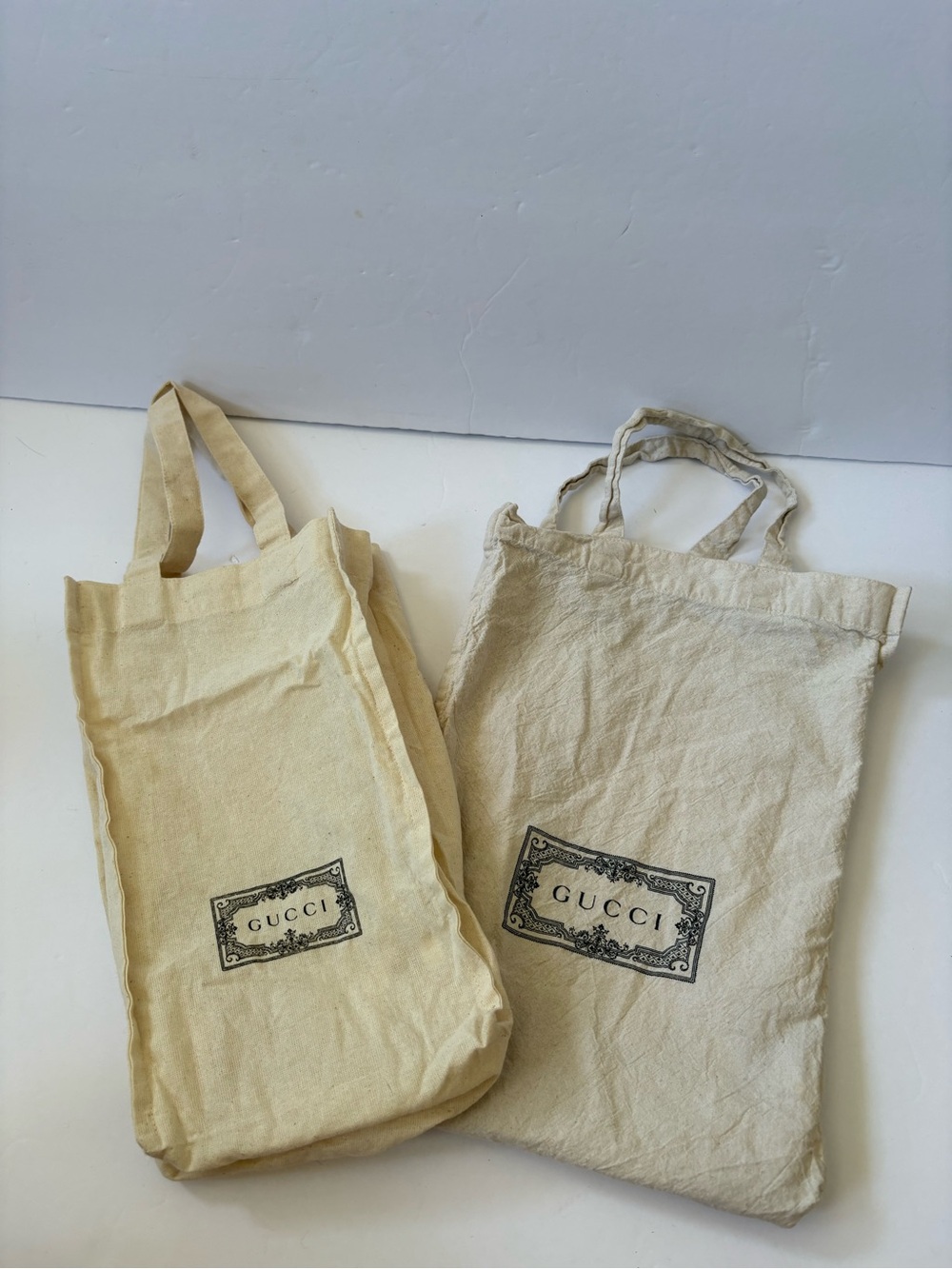 GUCCI Reusable Cotton Canvas Tote Shopping Gift Bag Lot Of 2 Ivory Logo Travel